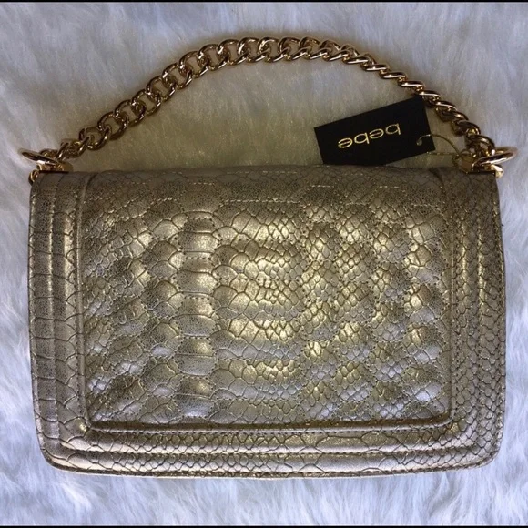 BEBE GOLD GILIAN CROSSBODY BAG FAUX LEATHER CROCODILE FINISH NWT - Picture 2 of 4